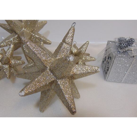 Star Glitter Christmas Ornaments Hanging Silver Boxes Bows 7 Pcs 5" 3" Set Old - Picture 5 of 5